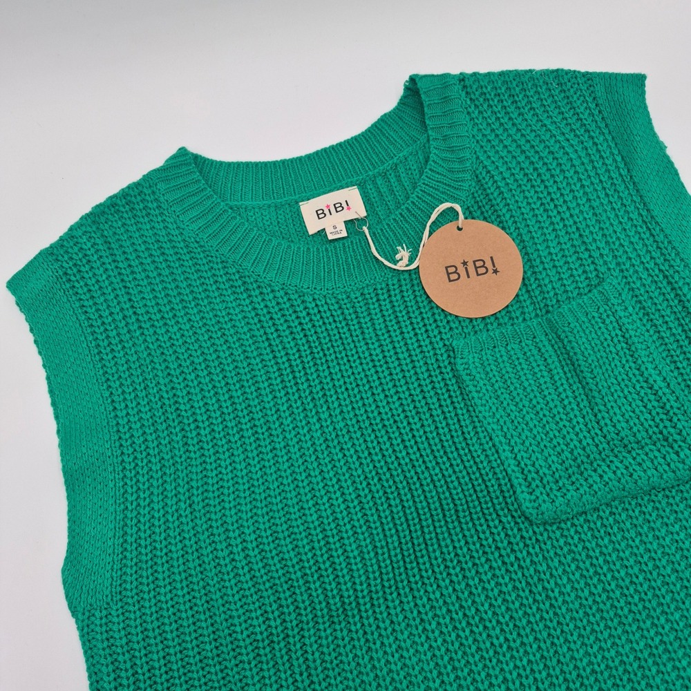 BiBi Green Chunky Knit Sweater Vest Crew Neck Pocket IT1000-01 NWT Small